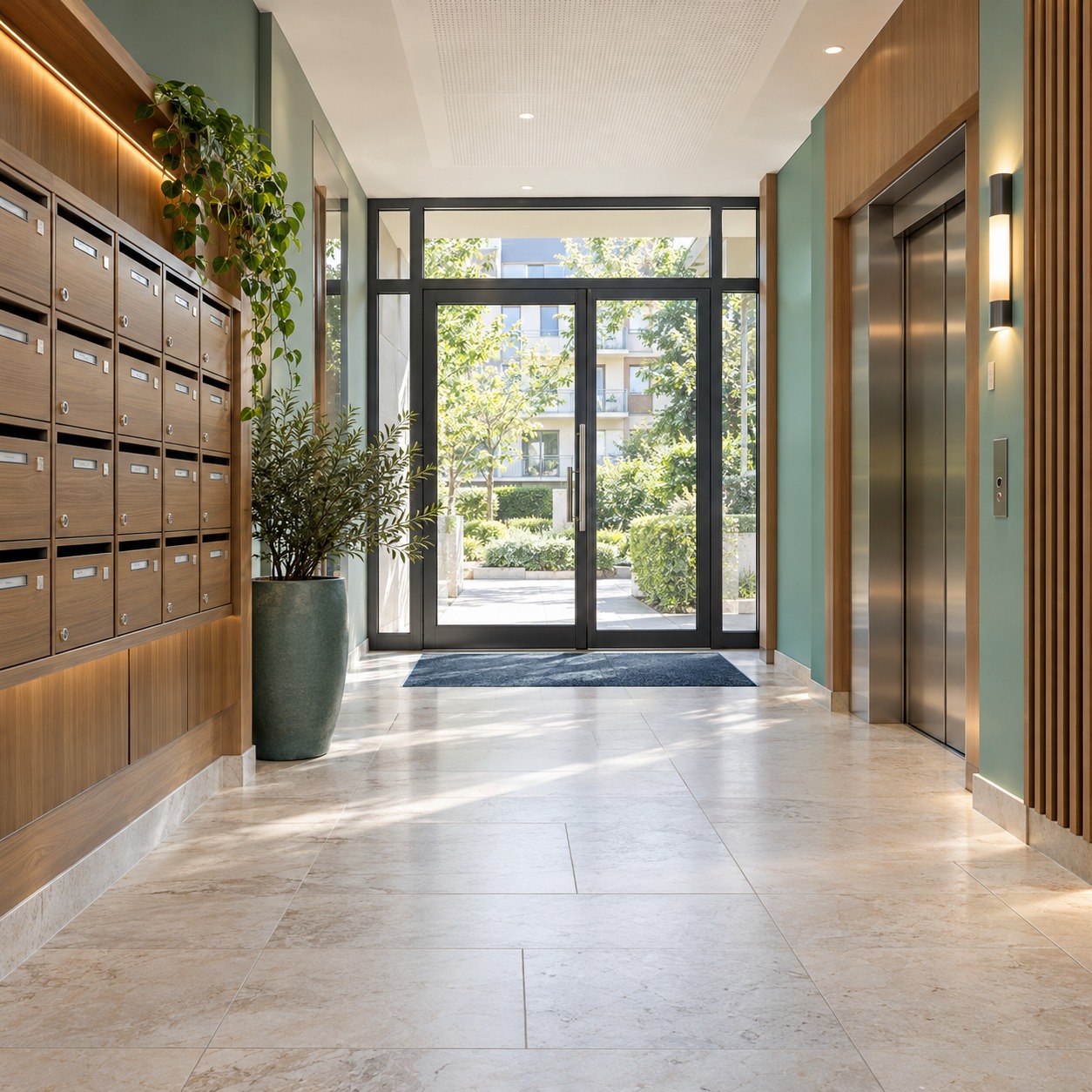 Hall d’immeuble résidentiel lumineux avec boîtes aux lettres et ascenseur